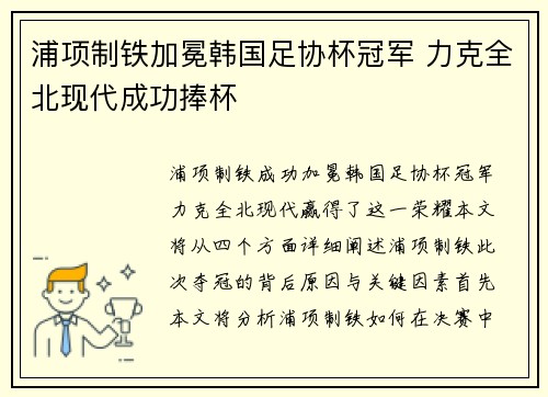 浦项制铁加冕韩国足协杯冠军 力克全北现代成功捧杯