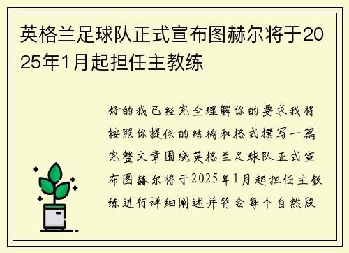 英格兰足球队正式宣布图赫尔将于2025年1月起担任主教练 英格兰足球队正式宣布图赫尔将于2025年1月起担任主教练